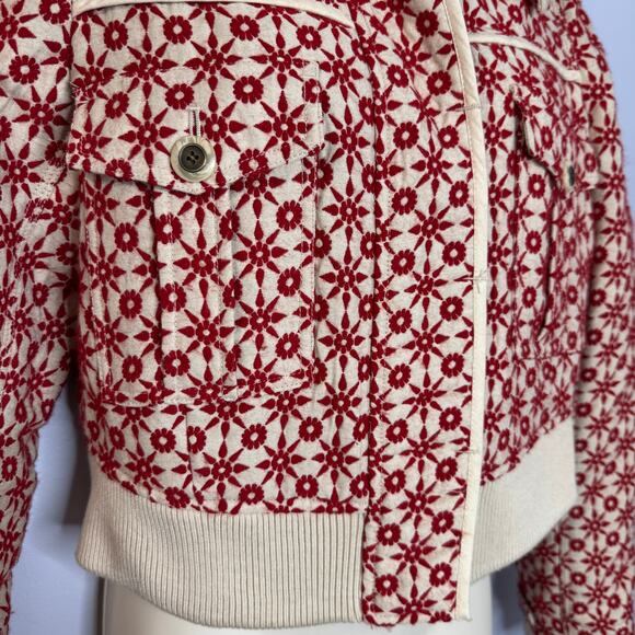 Free People Wool Blend Embroidered Crop Bomber Jacket Hooded Red Boho Women's M - Picture 2 of 16